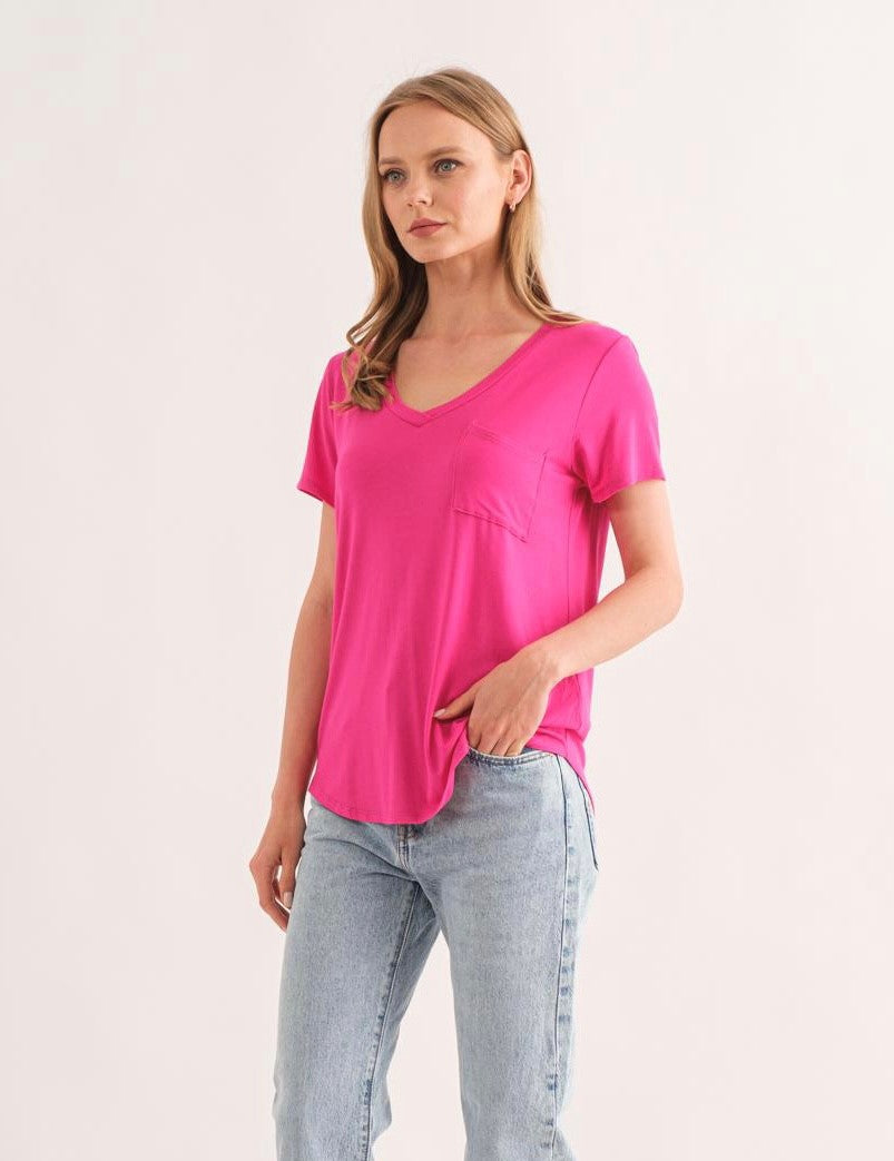 Fuchsia V Neck Tee