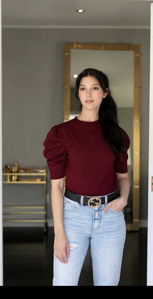 Wine Shoulder Puff Sweater