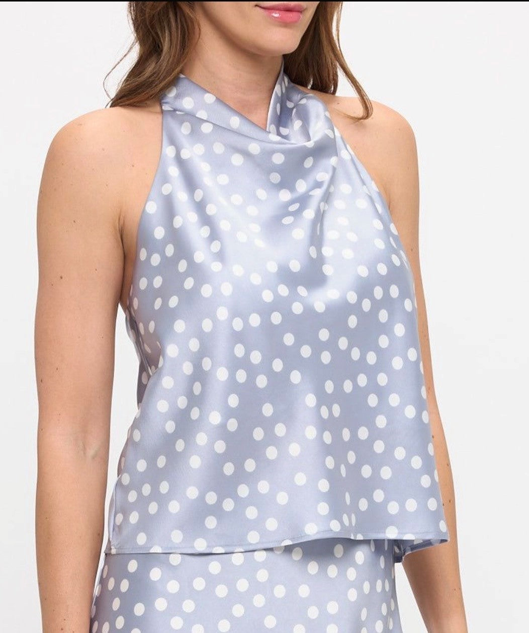 Blue and white polka dot satin halter