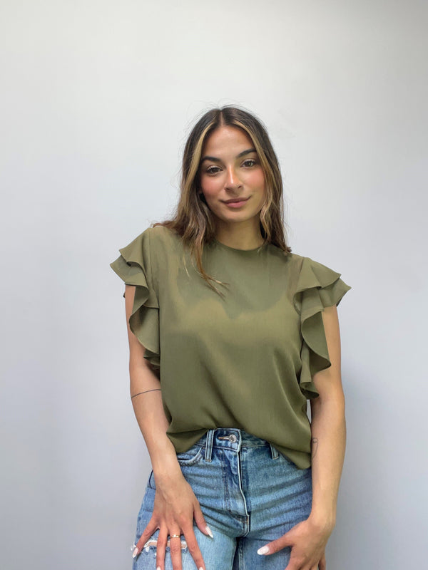 Olive Short Sleeve Ruffle