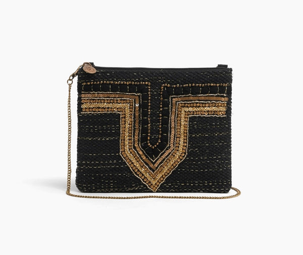 Baroque Embellished Zip Pouches with Chain - Black