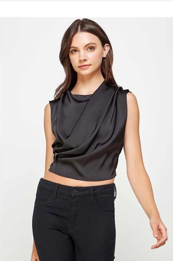 Black Cowell Neck Satin Top