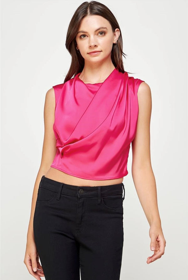 Fuschia Cowell Neck Satin Top