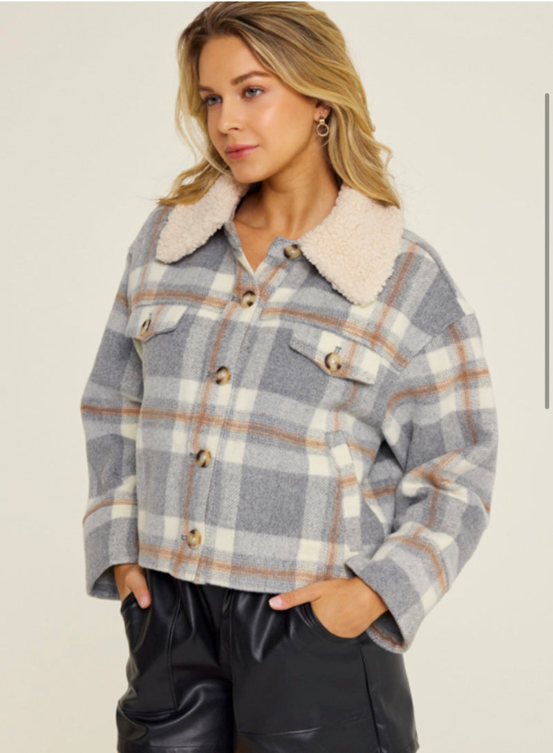 Cream and Brown Plaid Fur Trim Jacket