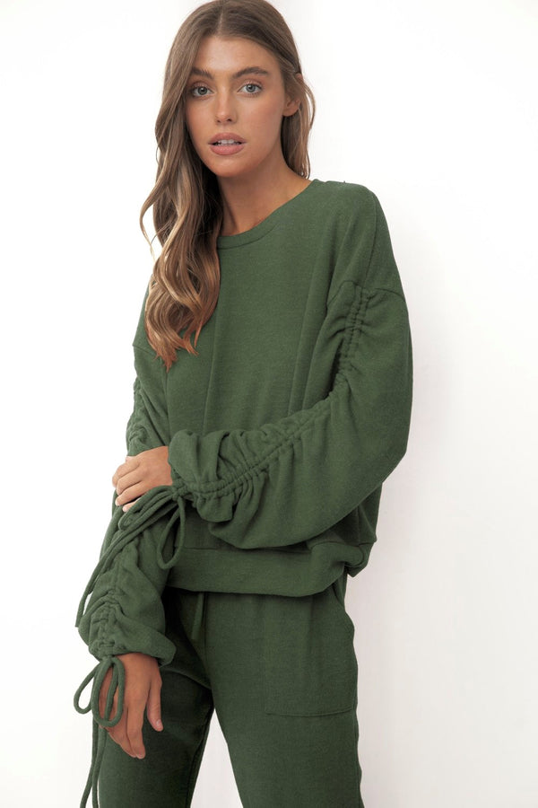 Olive Brushed Ruched Pullover