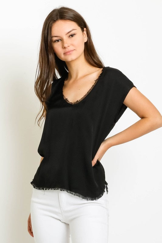 Distressed V-Neck Silky Top