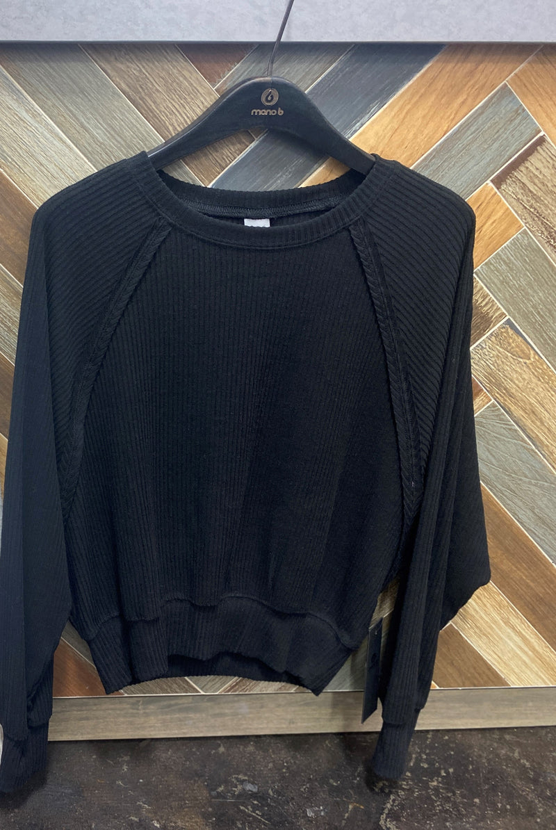 Black Ribbed Dropped Raglan Long Sleeve